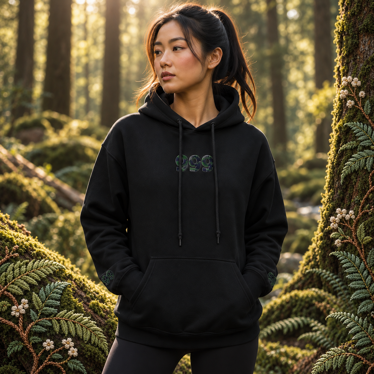 999 Forest Angel Number Hoodie in Black – Bright Future product image — realistic model in an embroidered nature scene.