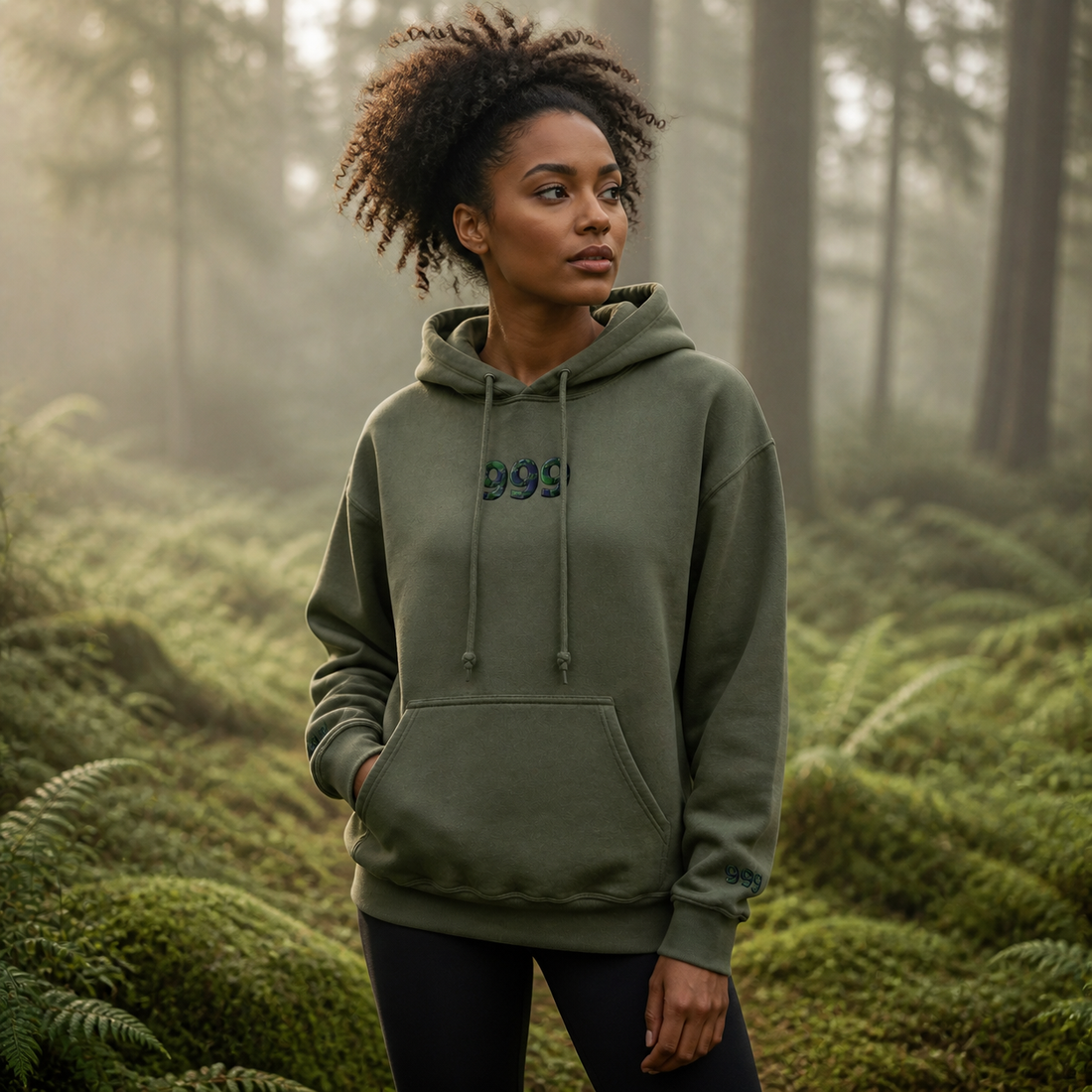 999 Forest Angel Number Hoodie in Military Green – Bright Future product image