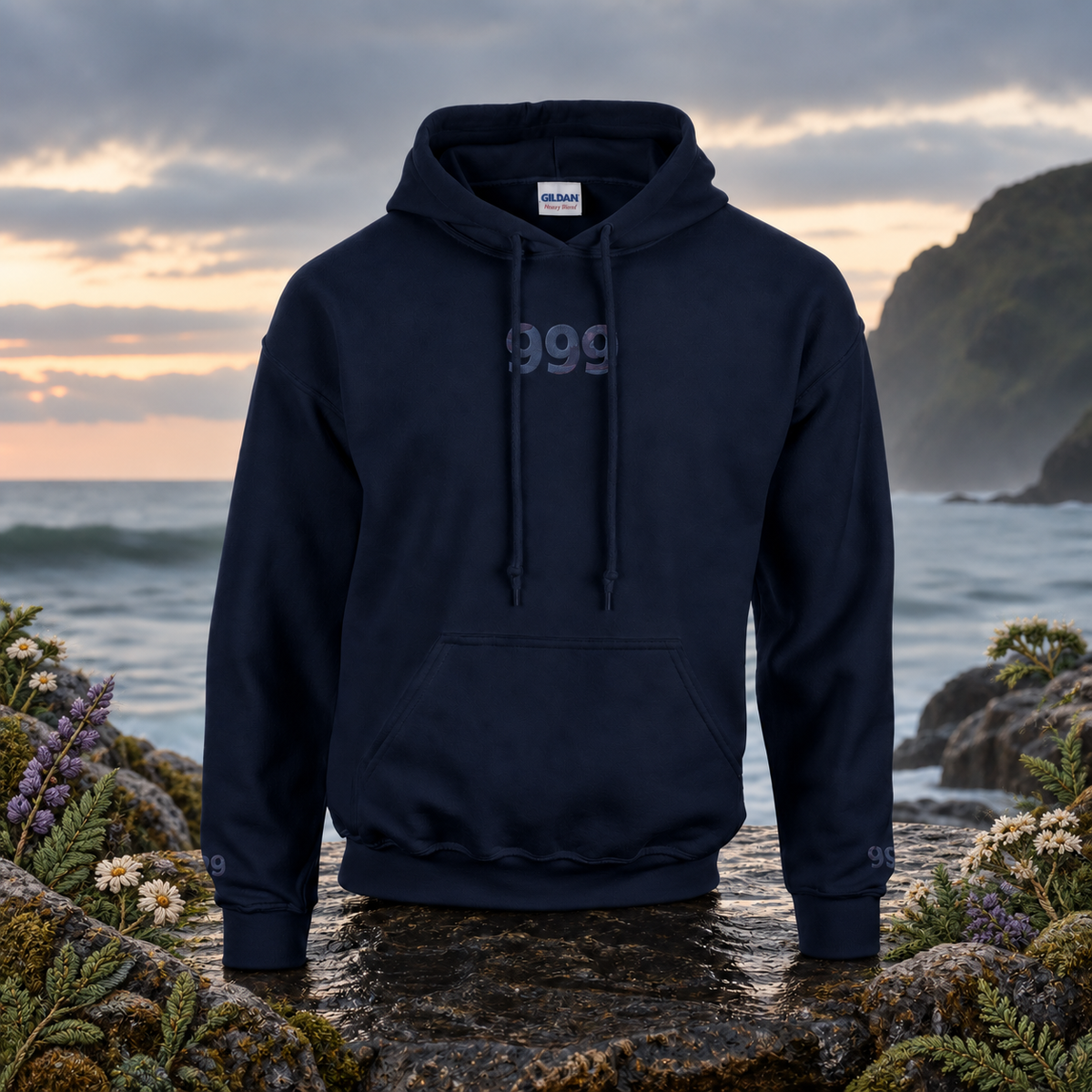 999 Ocean Angel Number Hoodie in Navy β Bright Future product image β original product in a realistic nature scene with embroidered environmental details.