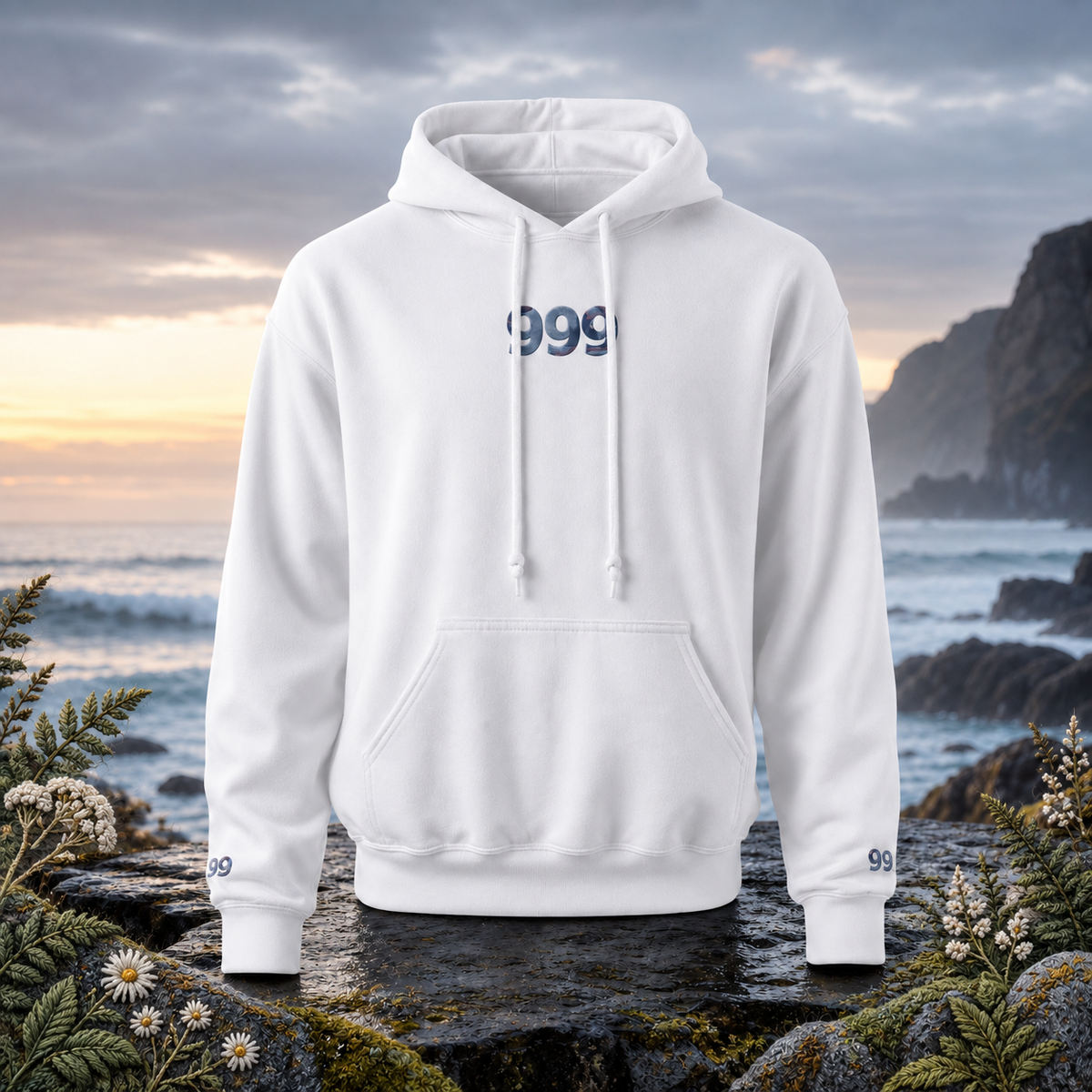 999 Ocean Angel Number Hoodie in White β Bright Future product image β original product in a realistic nature scene with embroidered environmental details.