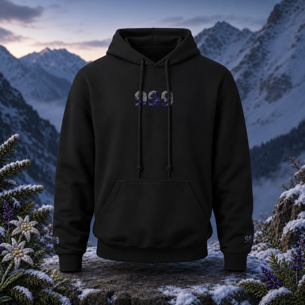999 Snowy Mountain Angel Number Hoodie in Black β Bright Future product image β original product in a realistic nature scene with embroidered environmental details.
