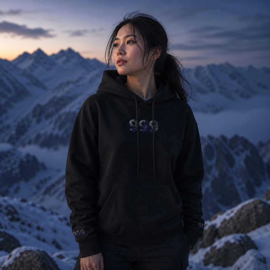 999 Snowy Mountain Angel Number Hoodie in Black – Bright Future product image