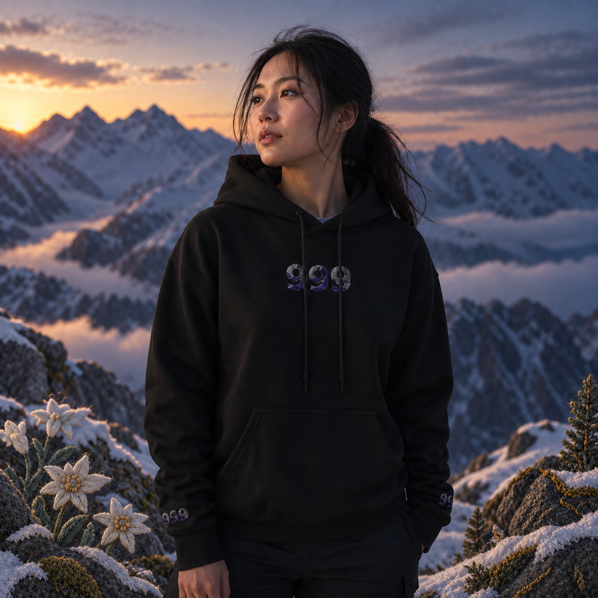 999 Snowy Mountain Angel Number Hoodie in Black β Bright Future product image β realistic model in an embroidered nature scene.