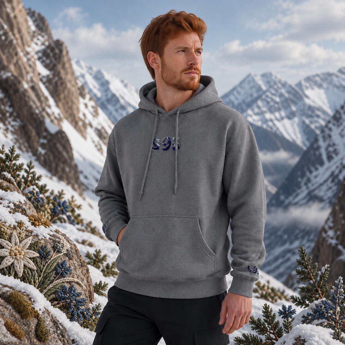 999 Snowy Mountain Angel Number Hoodie in Graphite Heather β Bright Future product image β realistic model in an embroidered nature scene.