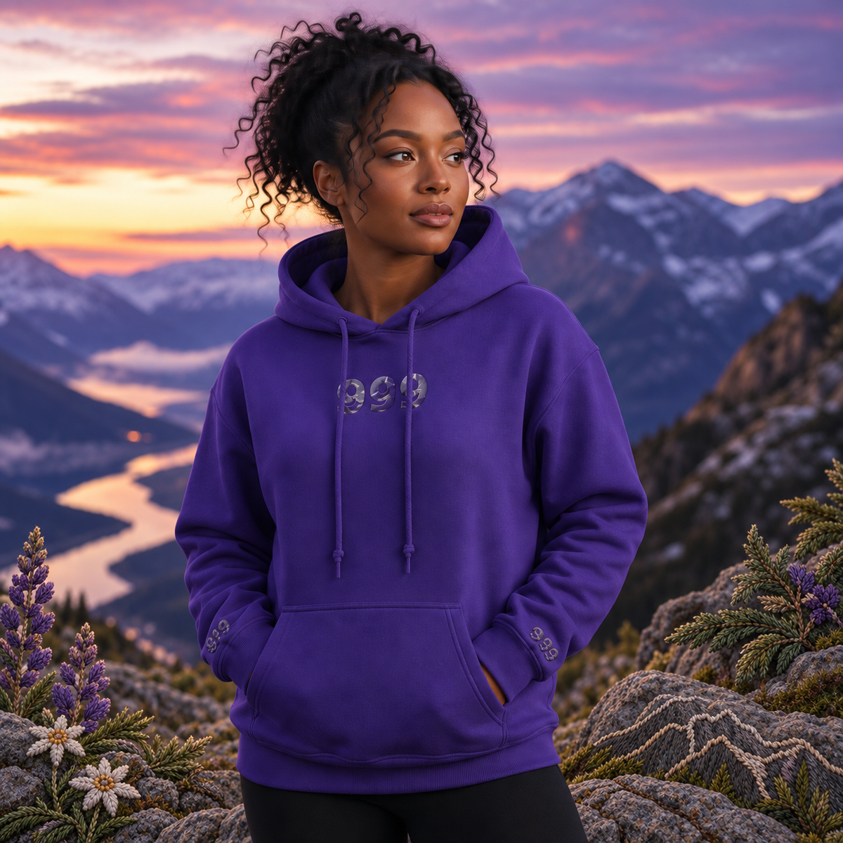 999 Snowy Mountain Angel Number Hoodie in Purple β Bright Future product image β realistic model in an embroidered nature scene.