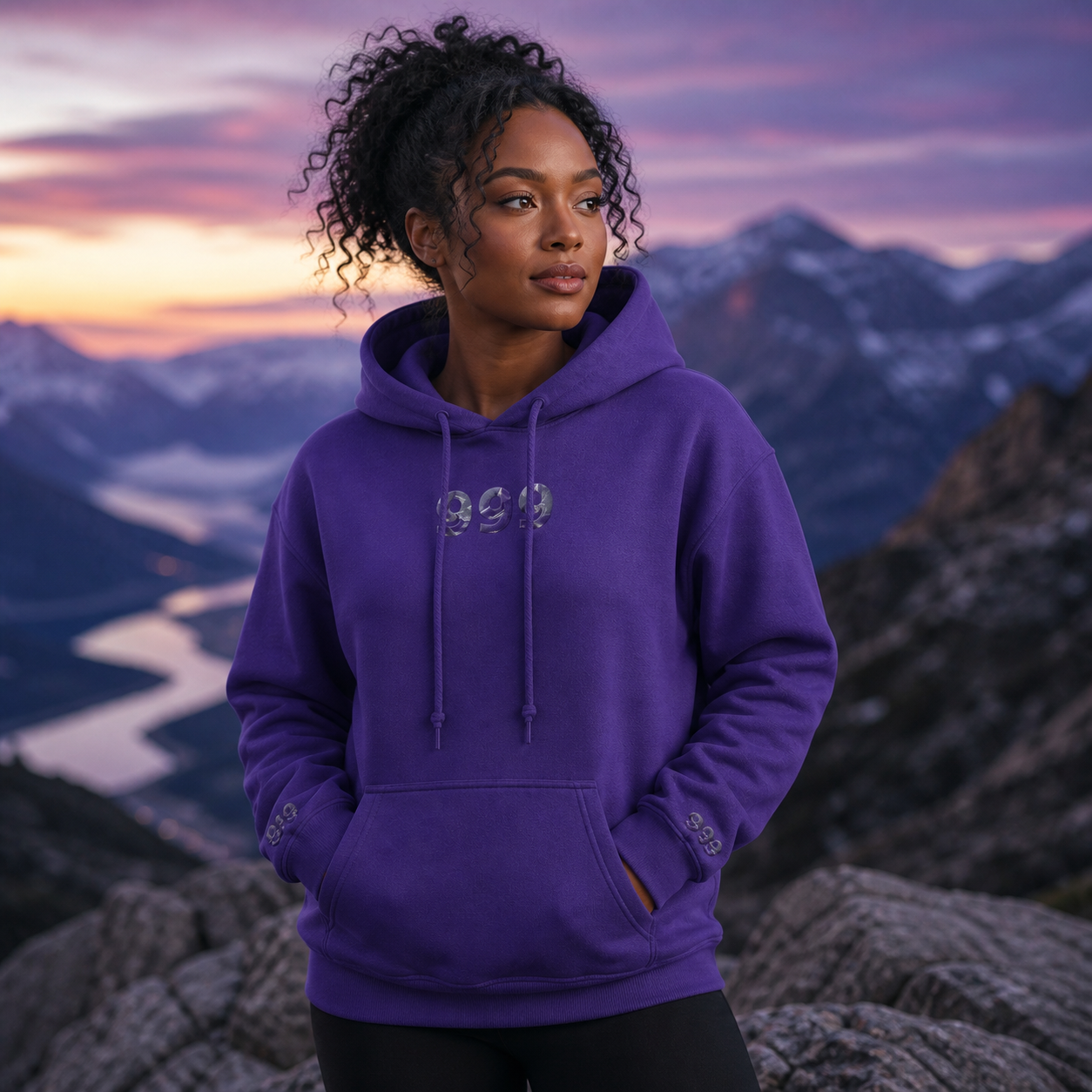 999 Snowy Mountain Angel Number Hoodie in Purple – Bright Future product image