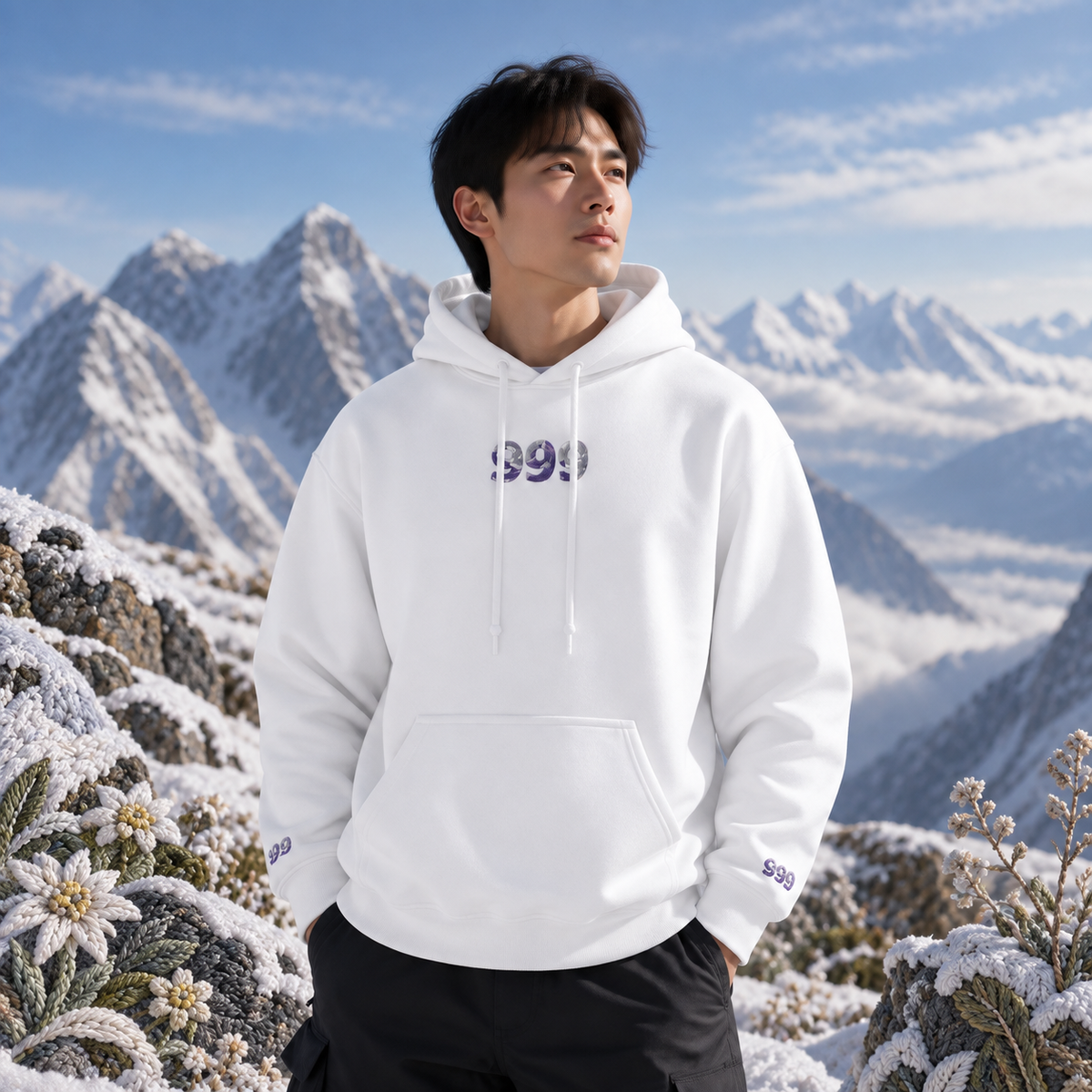 999 Snowy Mountain Angel Number Hoodie in White β Bright Future product image β realistic model in an embroidered nature scene.