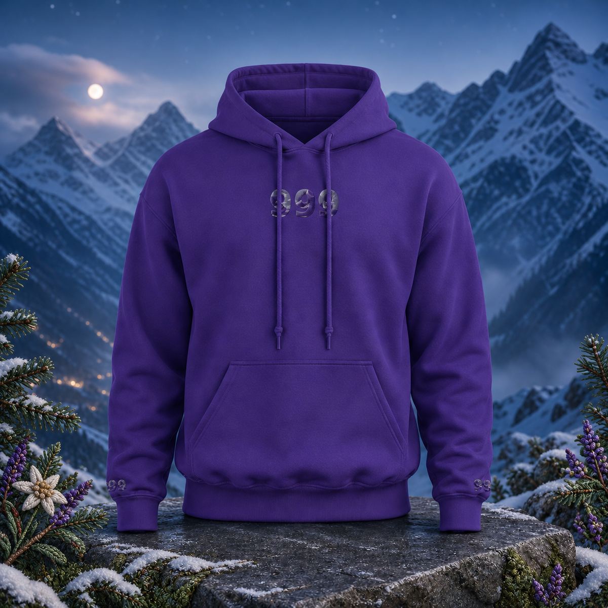 999 Snowy Mountain Angel Number Hoodie in Purple β Bright Future product image β original product in a realistic nature scene with embroidered environmental details.