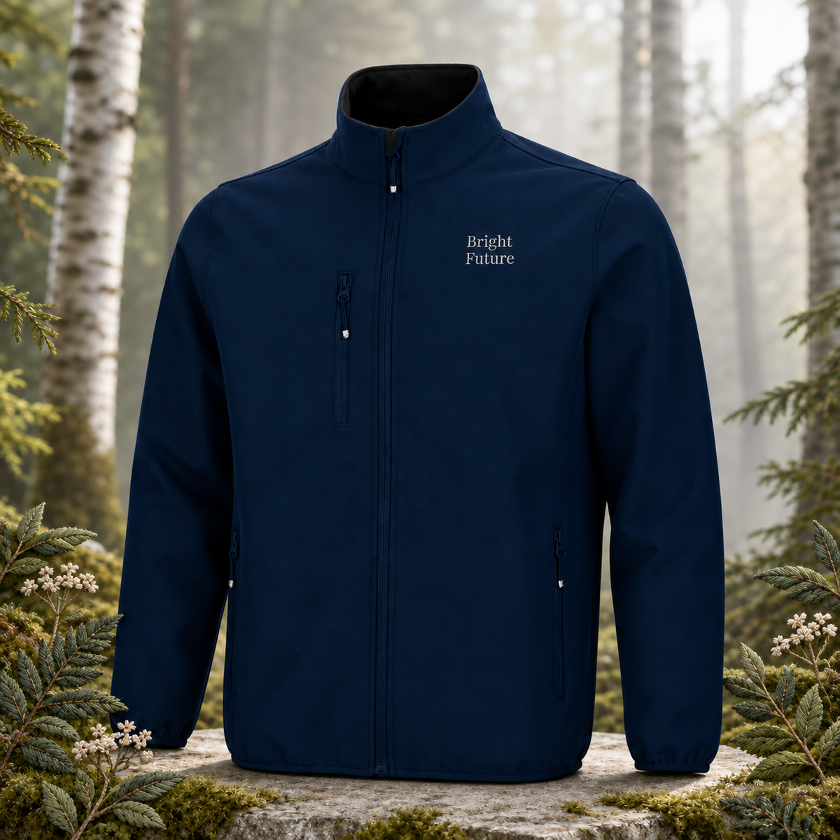 Recycled Softshell Jacket – Bright Future product image — original product in a realistic nature scene with embroidered environmental details.