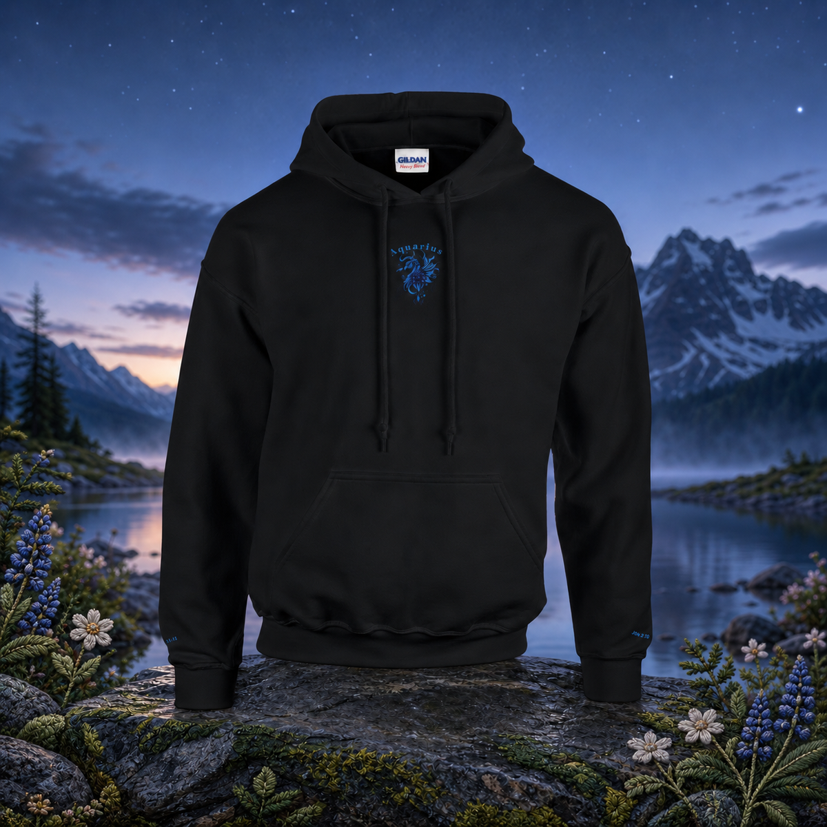 Aquarius Zodiac Hoodie in Black – Bright Future product image — original product in a realistic nature scene with embroidered environmental details.