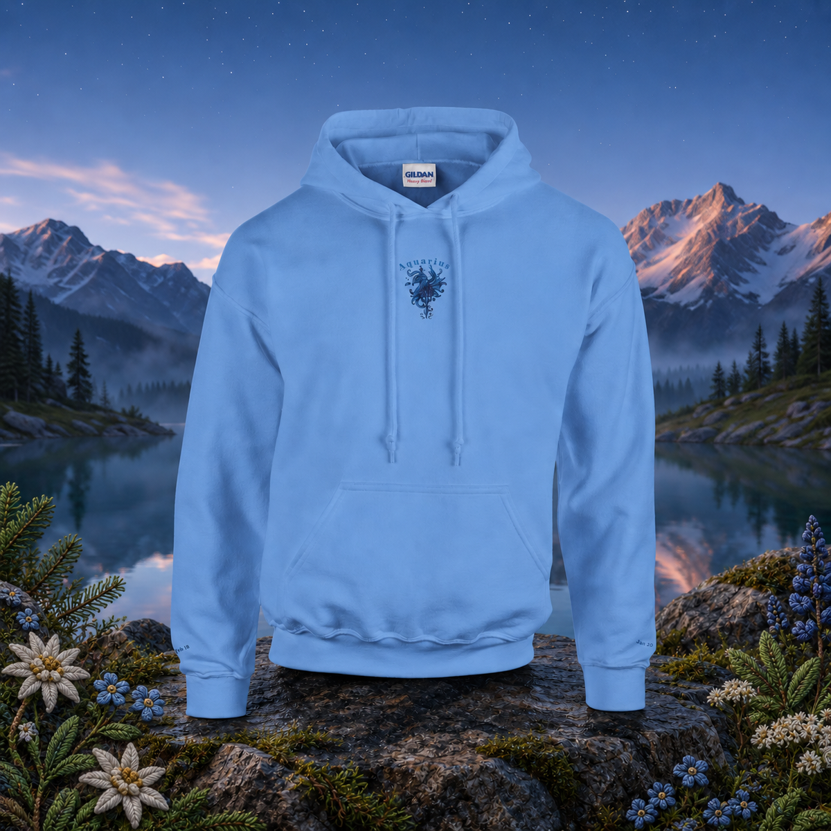 Aquarius Zodiac Hoodie in Carolina Blue – Bright Future product image — original product in a realistic nature scene with embroidered environmental details.