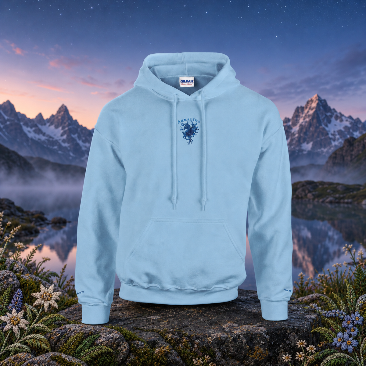 Aquarius Zodiac Hoodie in Light Blue – Bright Future product image — original product in a realistic nature scene with embroidered environmental details.