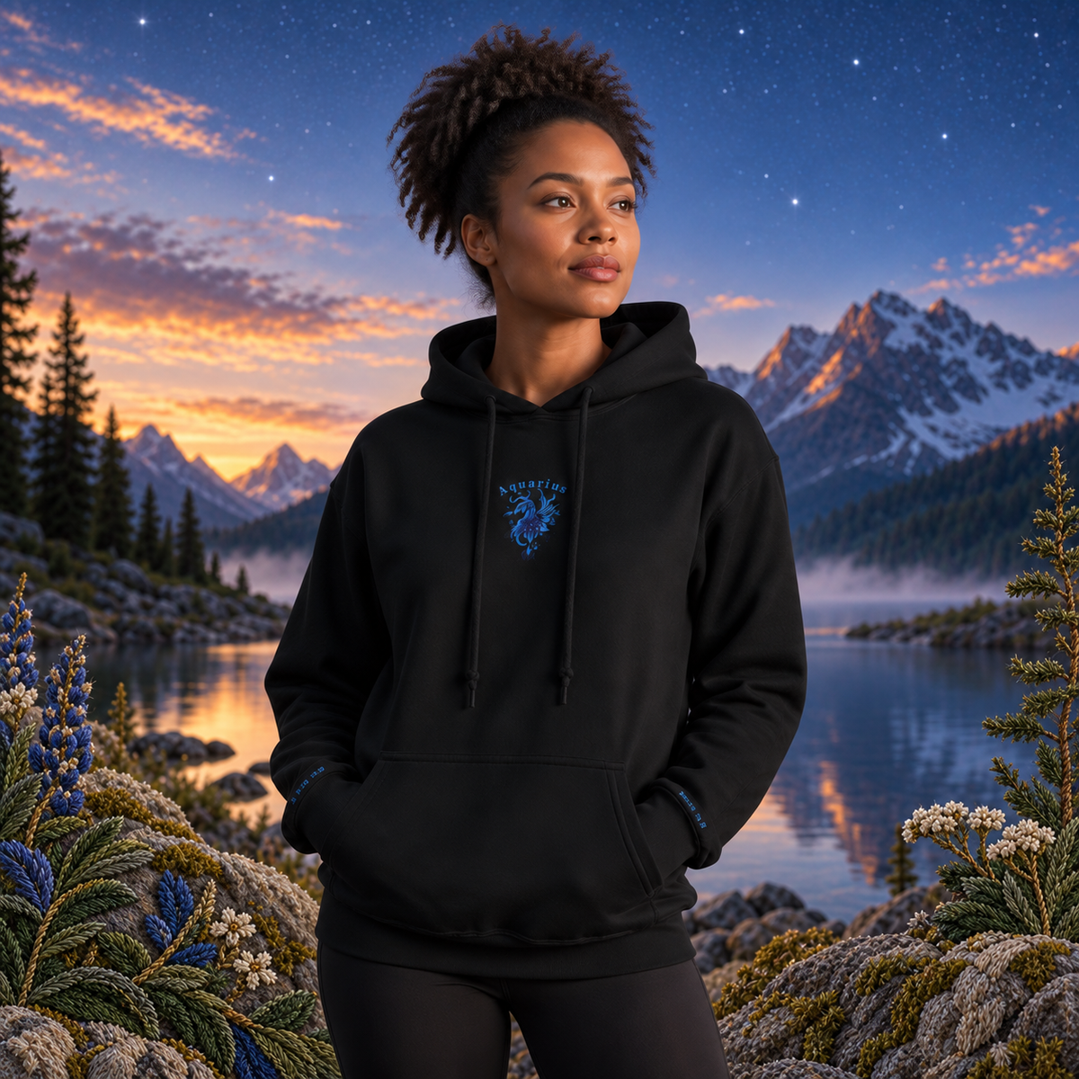 Aquarius Zodiac Hoodie in Black – Bright Future product image — realistic model in an embroidered nature scene.