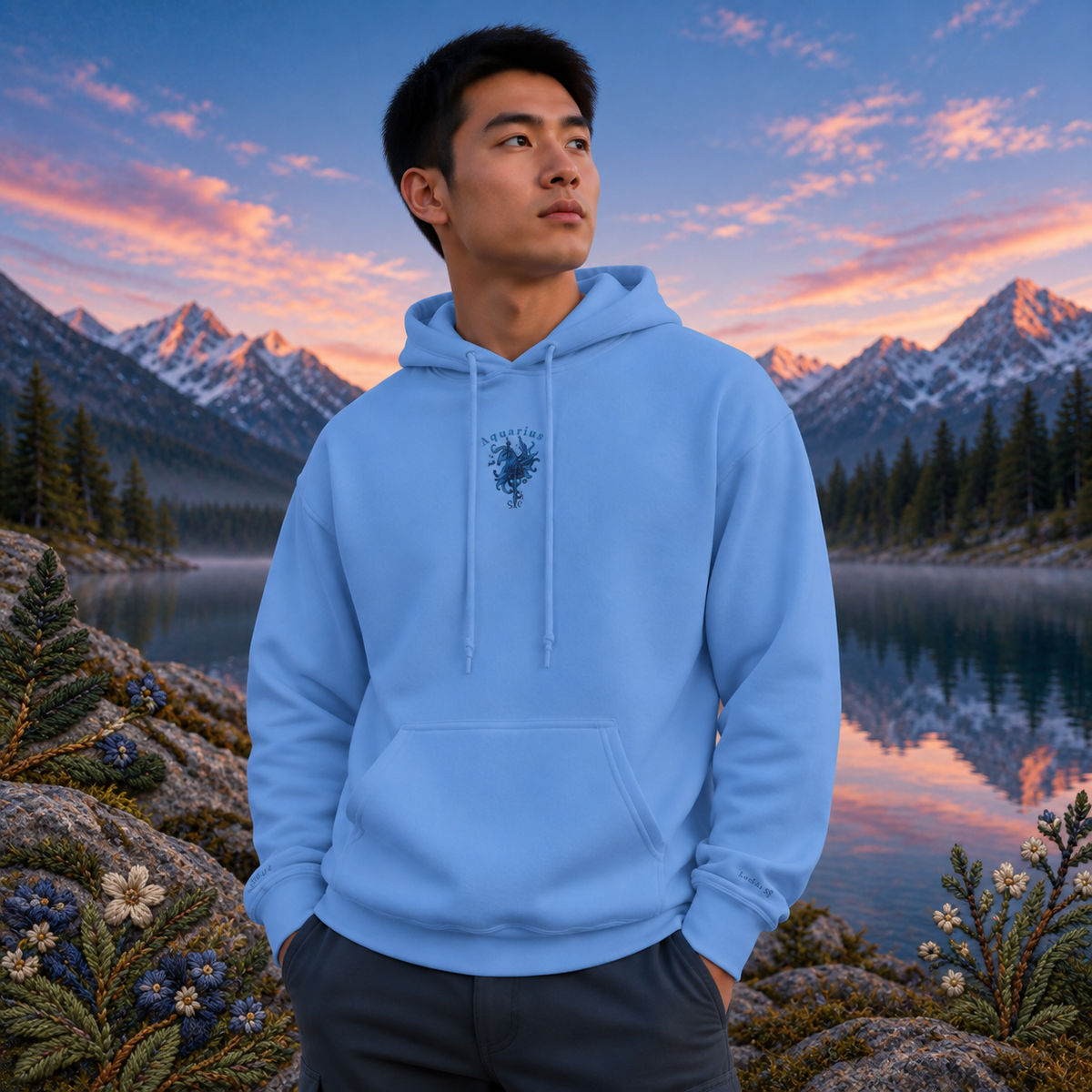 Aquarius Zodiac Hoodie in Carolina Blue – Bright Future product image — realistic model in an embroidered nature scene.