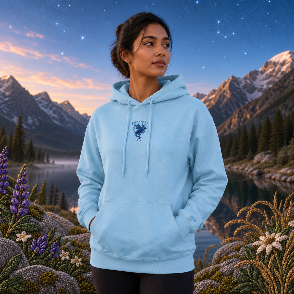 Aquarius Zodiac Hoodie in Light Blue – Bright Future product image — realistic model in an embroidered nature scene.