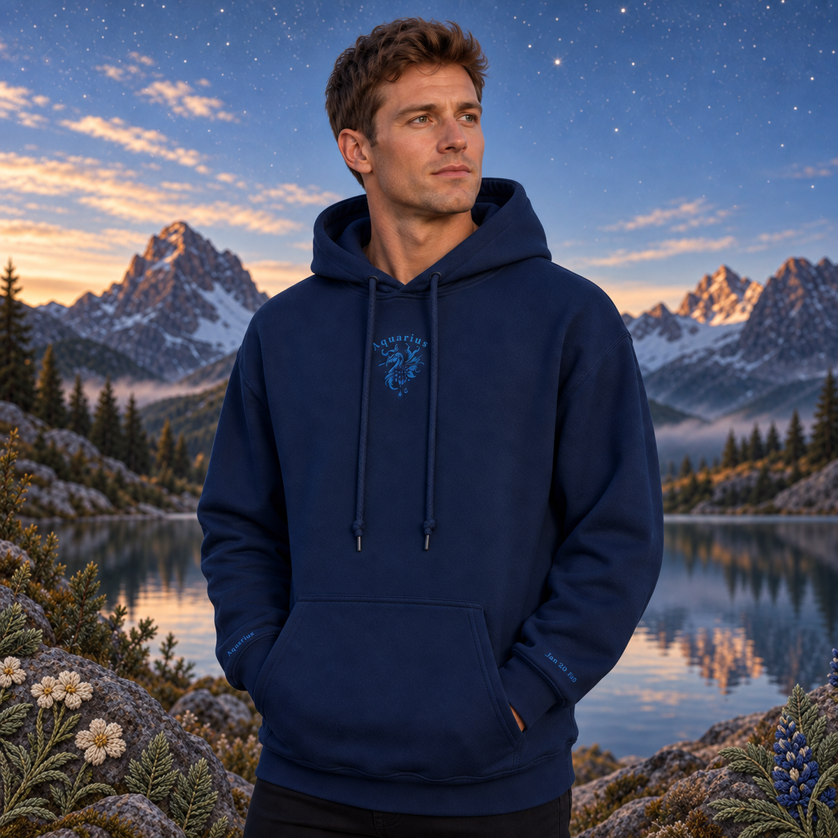 Aquarius Zodiac Hoodie in Navy – Bright Future product image — realistic model in an embroidered nature scene.
