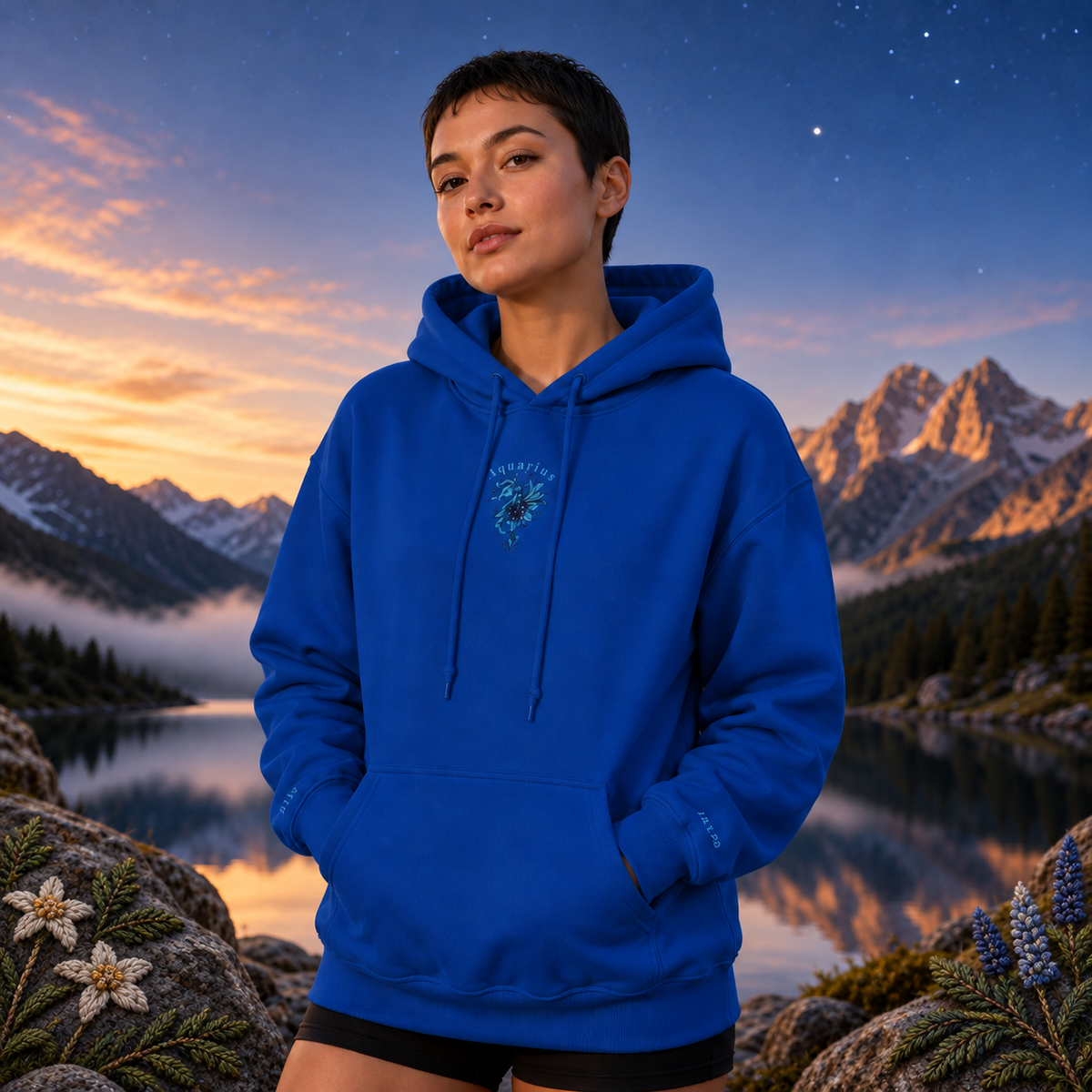 Aquarius Zodiac Hoodie – Bright Future product image — realistic model in an embroidered nature scene.