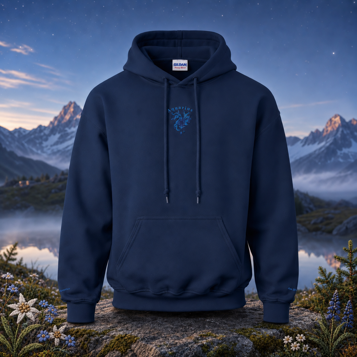 Aquarius Zodiac Hoodie in Navy – Bright Future product image — original product in a realistic nature scene with embroidered environmental details.