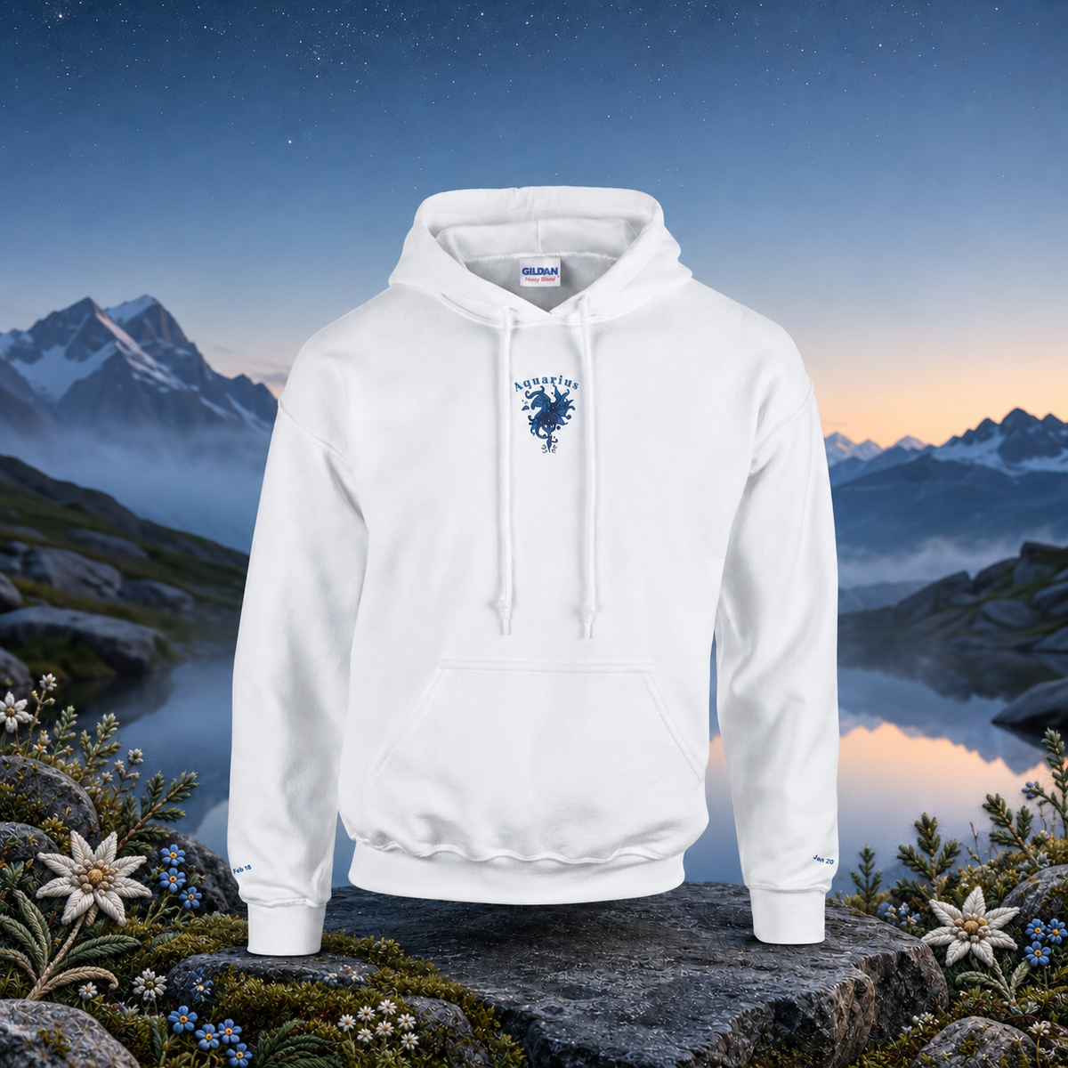 Aquarius Zodiac Hoodie in White – Bright Future product image — original product in a realistic nature scene with embroidered environmental details.