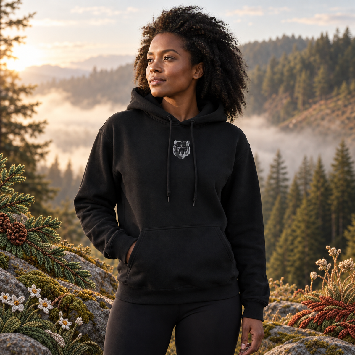 Bear Hoodie in Black – Bright Future product image — realistic model in an embroidered nature scene.