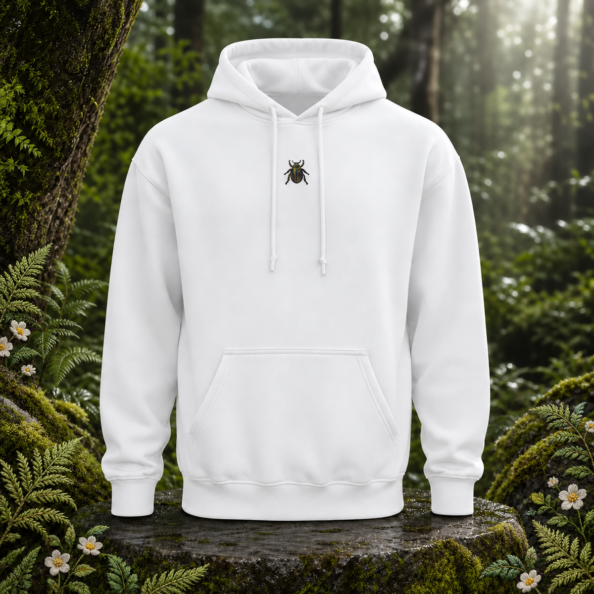 Beetle Hoodie – Resilience & Renewal in White – Bright Future product image — original product in a realistic nature scene with embroidered environmental details.