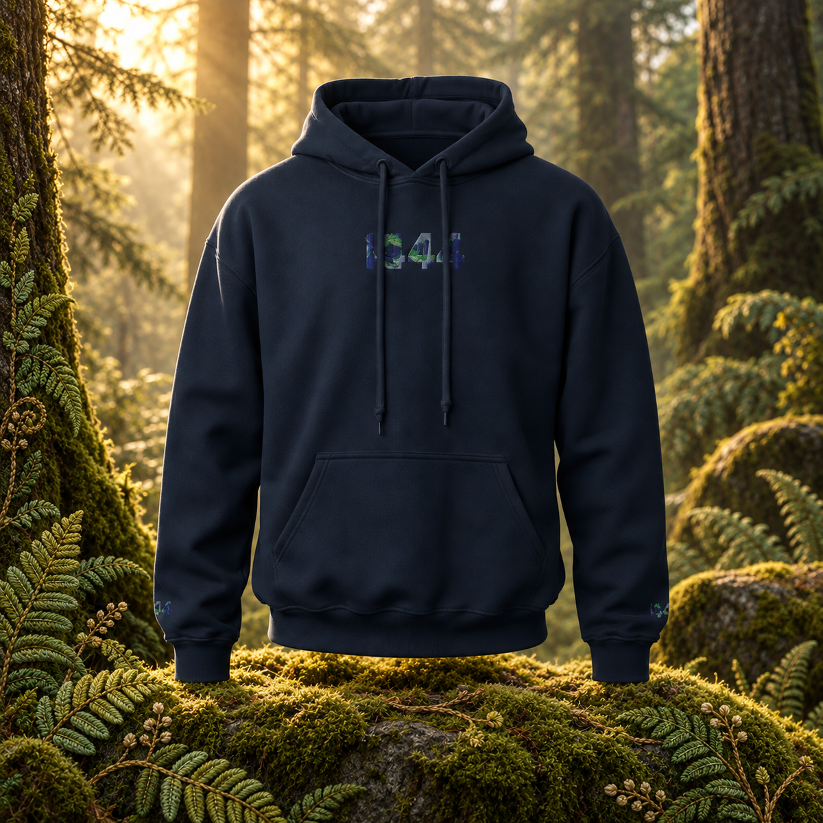 444 - Forest - Stable Foundation hoodie in a realistic woodland setting with embroidered botanical details.