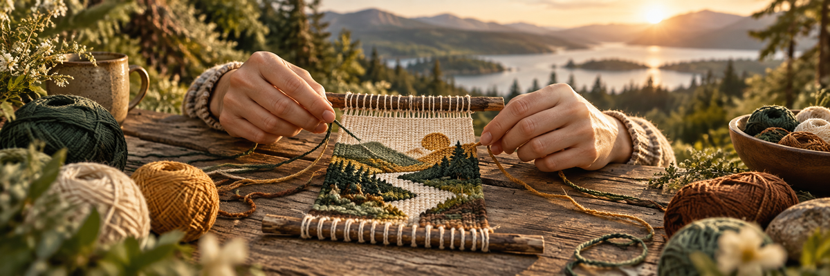Two realistic adult hands gently weaving different coloured threads into one small tapestry on an outdoor timber table, only hands visible, soft golden light, thread texture crisp