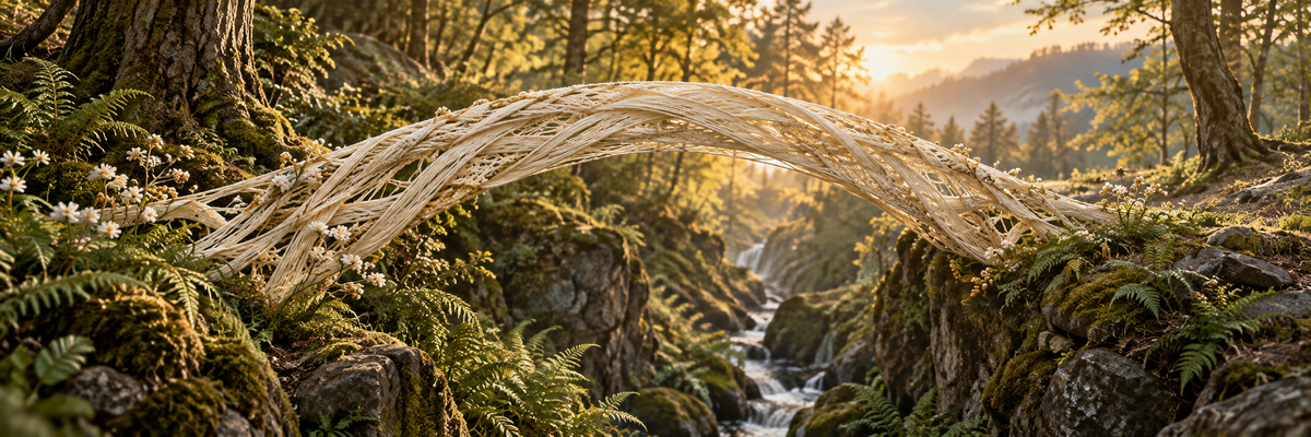 A graceful arching bridge of woven cream textile threads spanning a real narrow woodland ravine, ferns beneath and warm light beyond, grounded cinematic magical realism