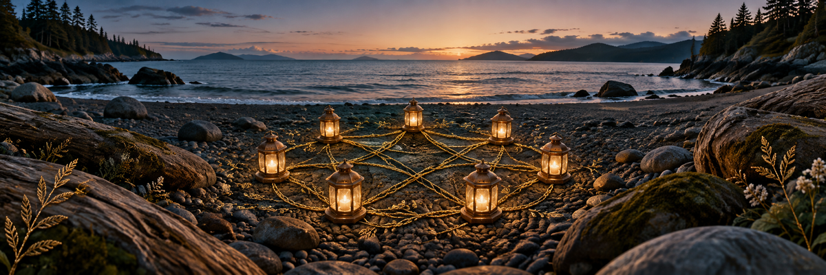 A circle of seven small warm lanterns on a tranquil pebble beach at blue hour, embroidered gold trails link them across the stones, distant horizon, shared stories