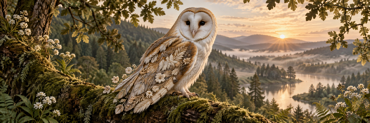 A realistic barn owl resting on a mossy branch at woodland dawn, feather edges softly transition into delicate cream embroidery, respectful wildlife portrait wide composition
