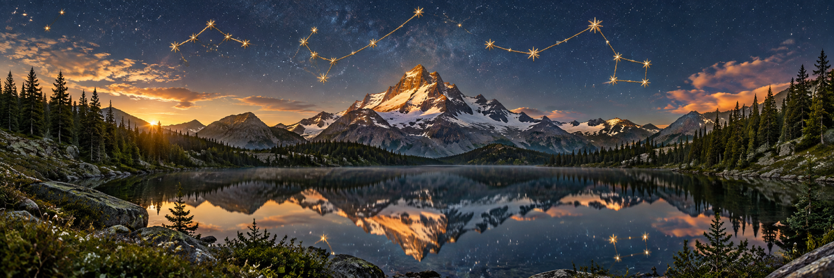 A realistic alpine mountain reflected in a still lake beneath a starry twilight sky, fine golden embroidery traces a few constellations, blue slate and amber palette