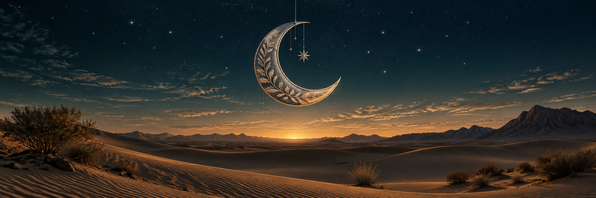 An elegant embroidered crescent moon suspended above a quiet real desert dune at twilight, fine silver stitches and deep indigo sky, contemplative spacious composition