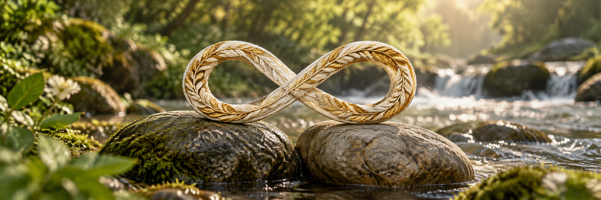 A delicate continuous infinity loop embroidered in cream and gold resting across two real smooth river stones, flowing stream and softly blurred greenery, elegant minimal close view