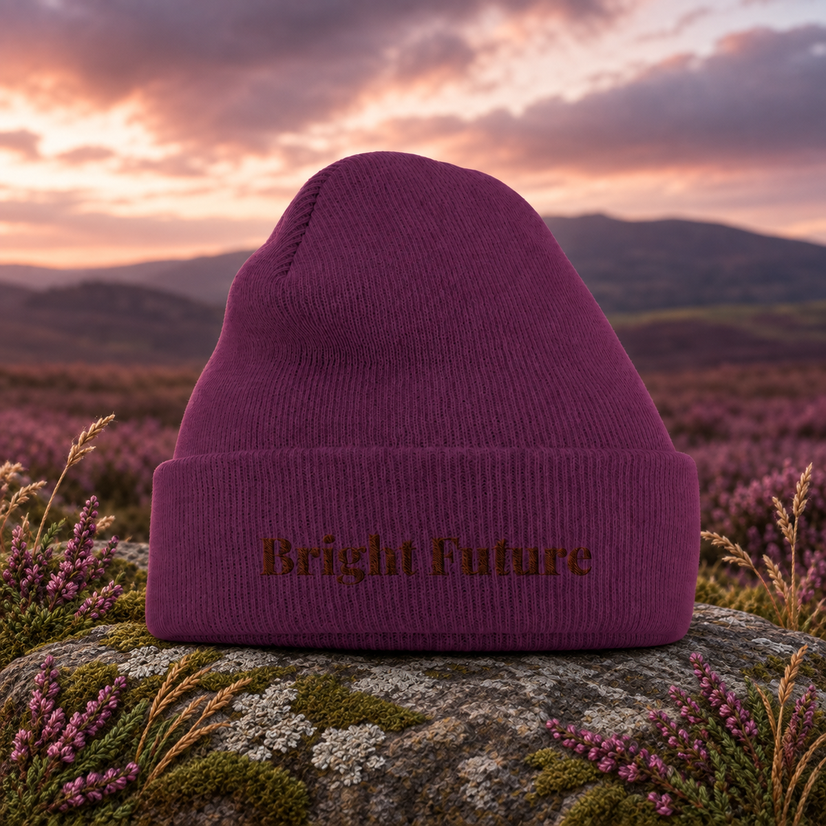 Bright Future Beanie — original product design in a realistic scene with embroidered environmental details.