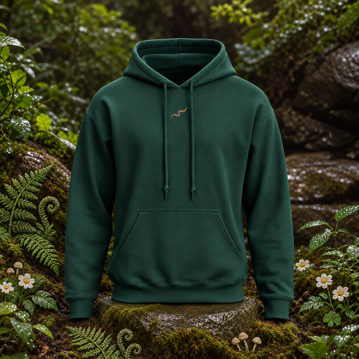 Earthworm Hoodie – Growth & Renewal — original product design in a realistic scene with embroidered environmental details.