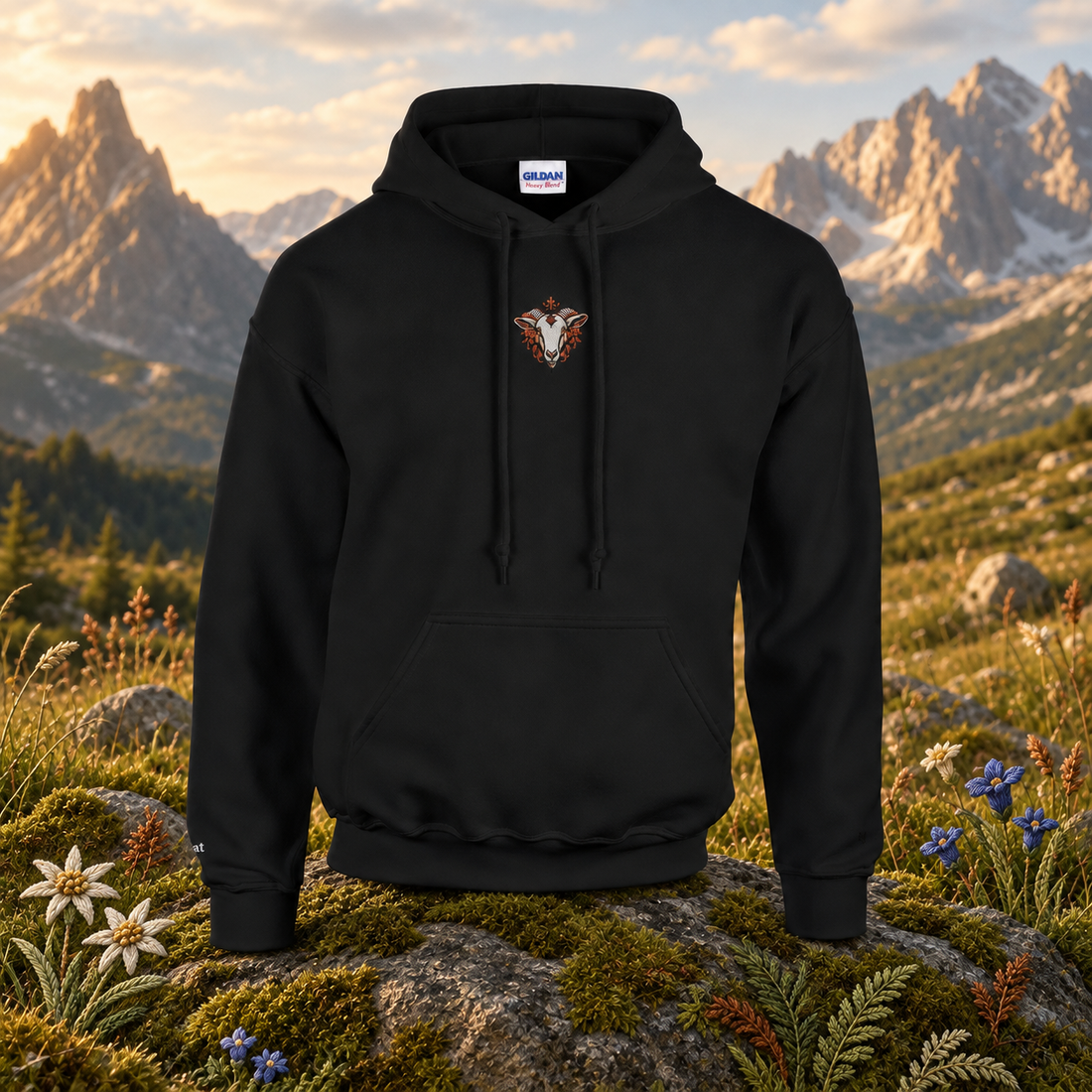 Goat (羊 - Yáng) — original product design in a realistic scene with embroidered environmental details.