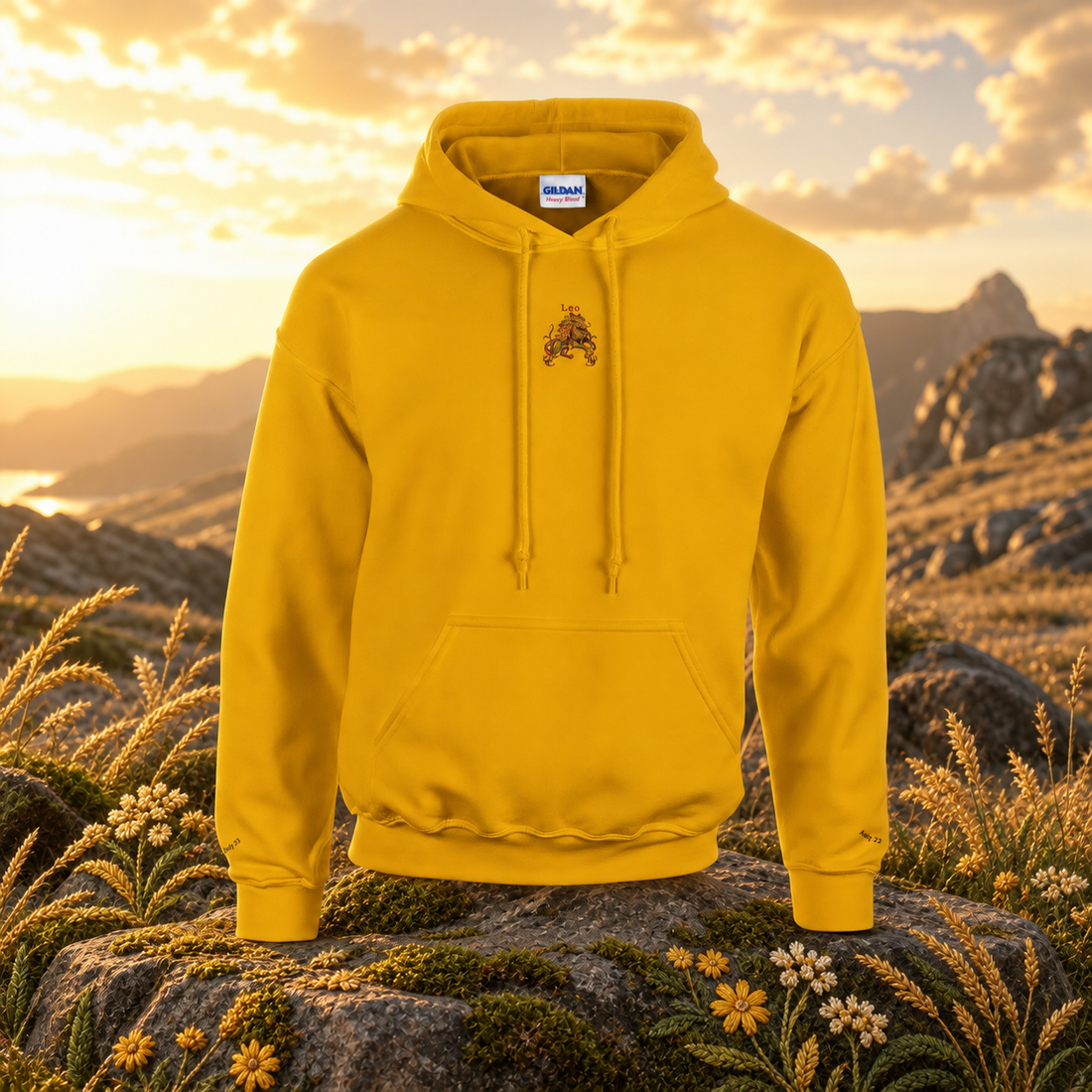 Leo (July 23 - August 22) – The Radiant Leade — original product design in a realistic scene with embroidered environmental details.
