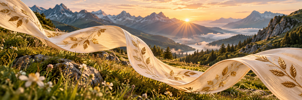 A flowing cream textile ribbon with tiny embroidered gold leaf motifs winding across a real mountain meadow at sunrise, identity and possibility