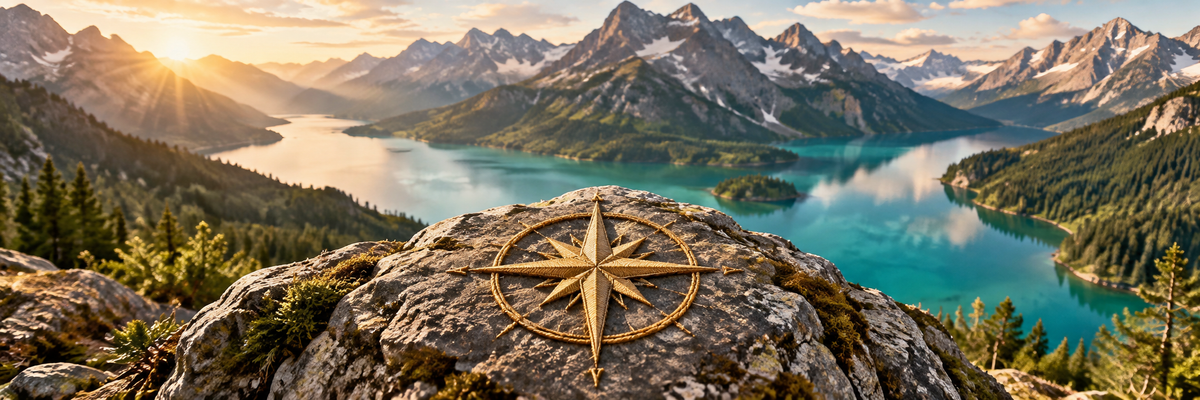 A gold embroidered compass rose resting on weathered stone above a real turquoise mountain lake, purposeful journey