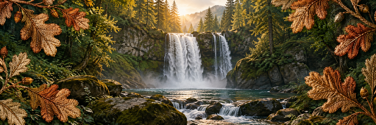 A realistic waterfall in deep green woodland framed by delicate embroidered copper oak leaves, quiet natural inspiration