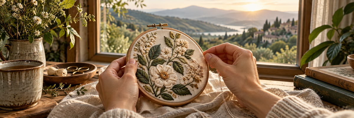 Close detailed hands guiding cream thread through a small botanical embroidery hoop beside a window overlooking hills, artistic intention, no factory or product claims