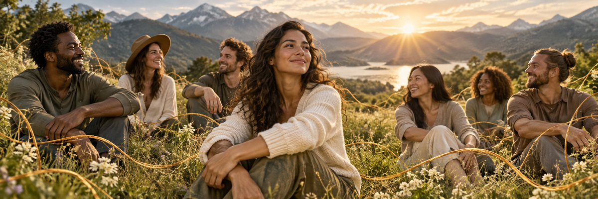 Diverse adult friends gathered loosely in a sunlit meadow wearing plain unbranded neutral casual clothing, subtle gold thread trails among grasses, authentic warm community