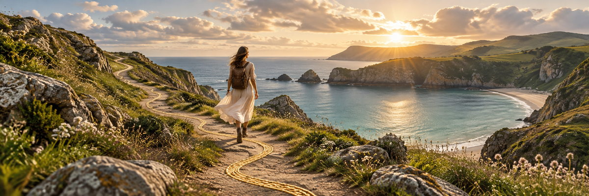 A winding real coastal path beneath soft clouds, delicate stitched gold stepping lines guide the eye toward a sheltered bay, welcoming calm