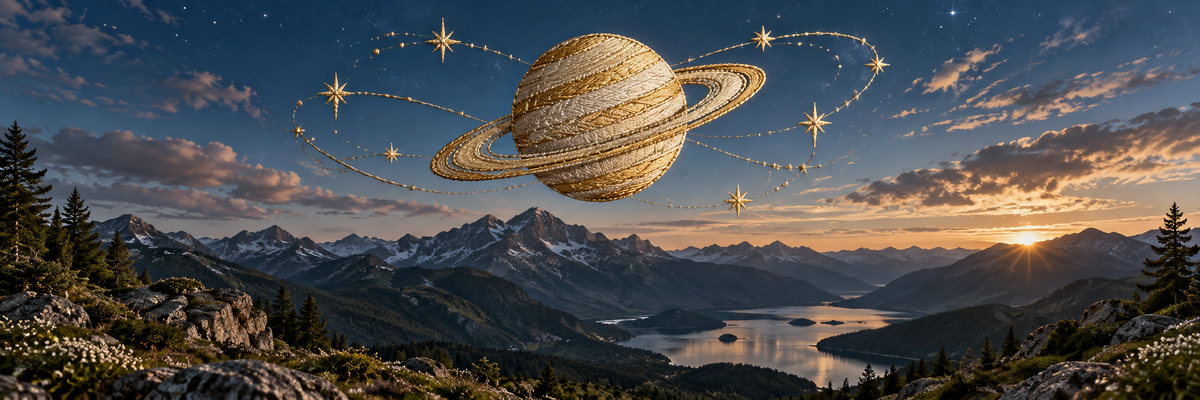 An embroidered golden Saturn with delicate star trails floating above real mountains under blue twilight, celestial identities