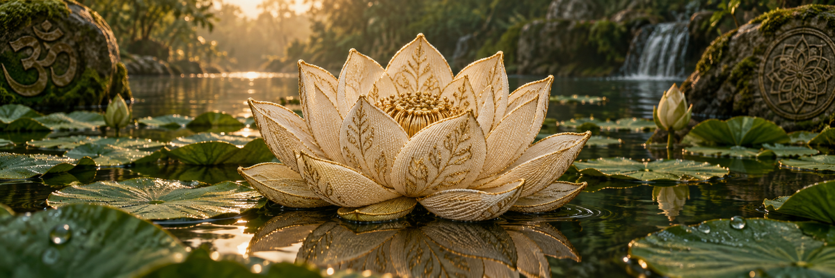 An intricate embroidered lotus in cream and muted gold on a real still pond among green lily pads, sacred symbols