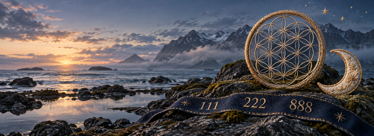 Embroidered sacred geometry, crescent moon and angel numbers 111, 222 and 888 beside a realistic mountain coastline at sunset.