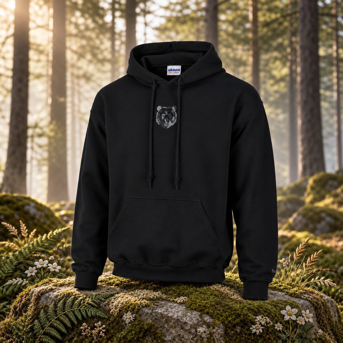 The Bear – Courage, Grounding & Inner Strength — original product design in a realistic scene with embroidered environmental details.