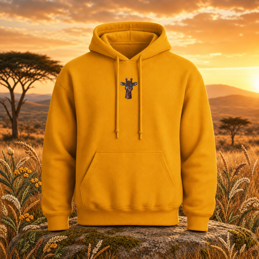 The Giraffe – Vision, Grace & Perspective — original product design in a realistic scene with embroidered environmental details.