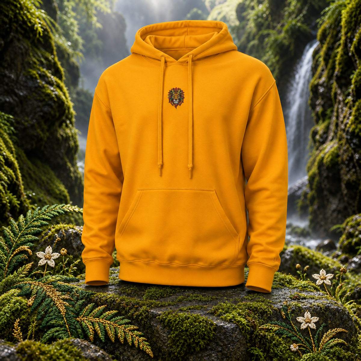 The Lion – Strength, Power & Confidence — original product design in a realistic scene with embroidered environmental details.