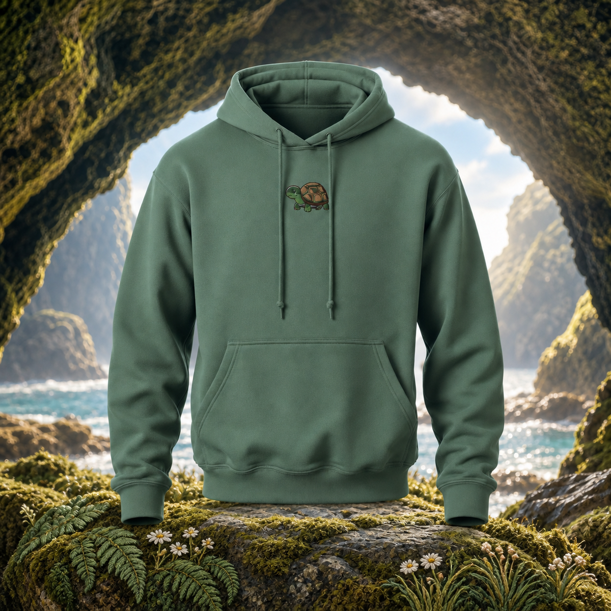 The Turtle – Patience, Protection & Steady Growth — original product design in a realistic scene with embroidered environmental details.